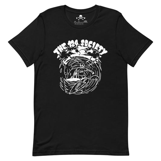 Skeleton Surfing in a Storm (White on Black) T-Shirt - The 124 Society