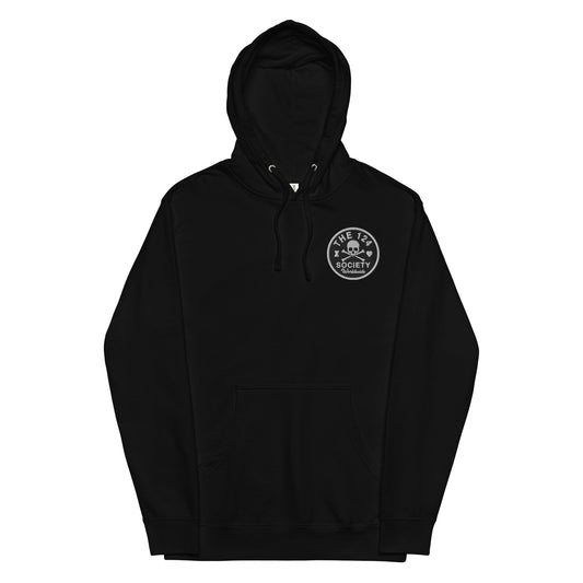 Skull and Crossbones Embroidered Circle Logo (White on Black) Hoodie - The 124 Society