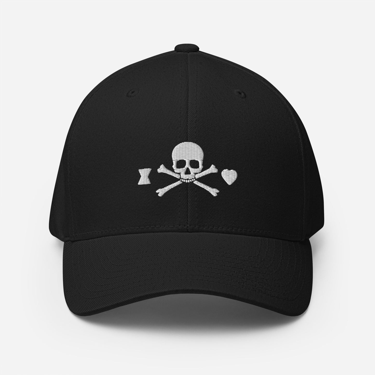 Skull and Crossbones Fitted Flexfit Embroidered Hat (White on Black) - The 124 Society