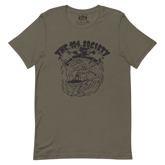 Skeleton Surfing Storm T-Shirt (Black on Army) - The 124 Society