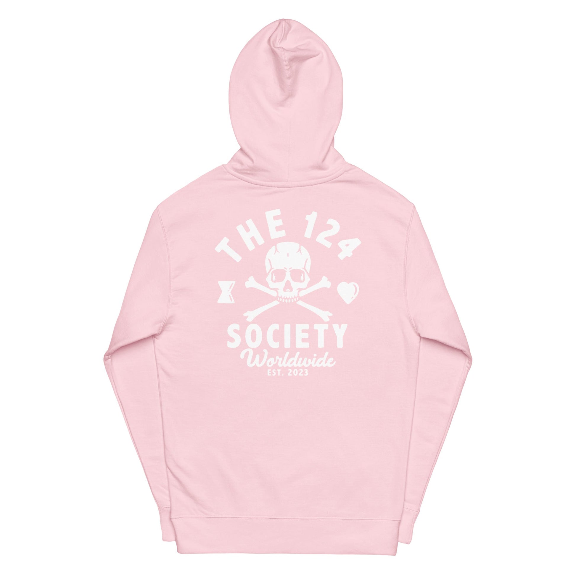 Skull and Crossbones Hoodie (White on Pink) - The 124 Society