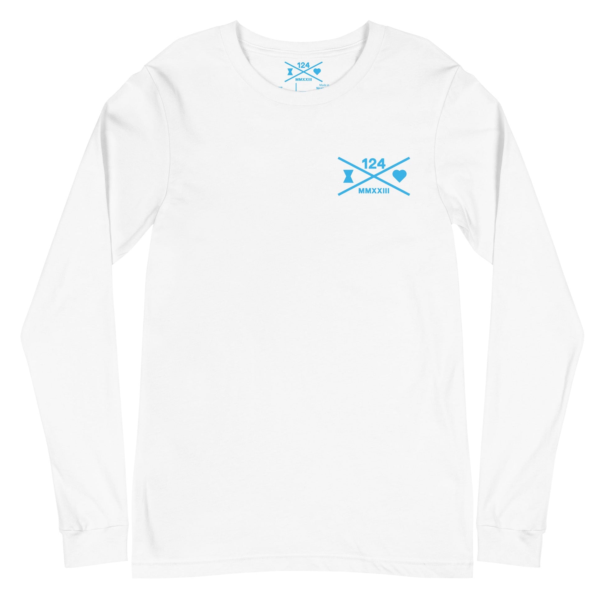 Skull and Crossbones Long Sleeve T-Shirt (Sky Blue on White) - The 124 Society